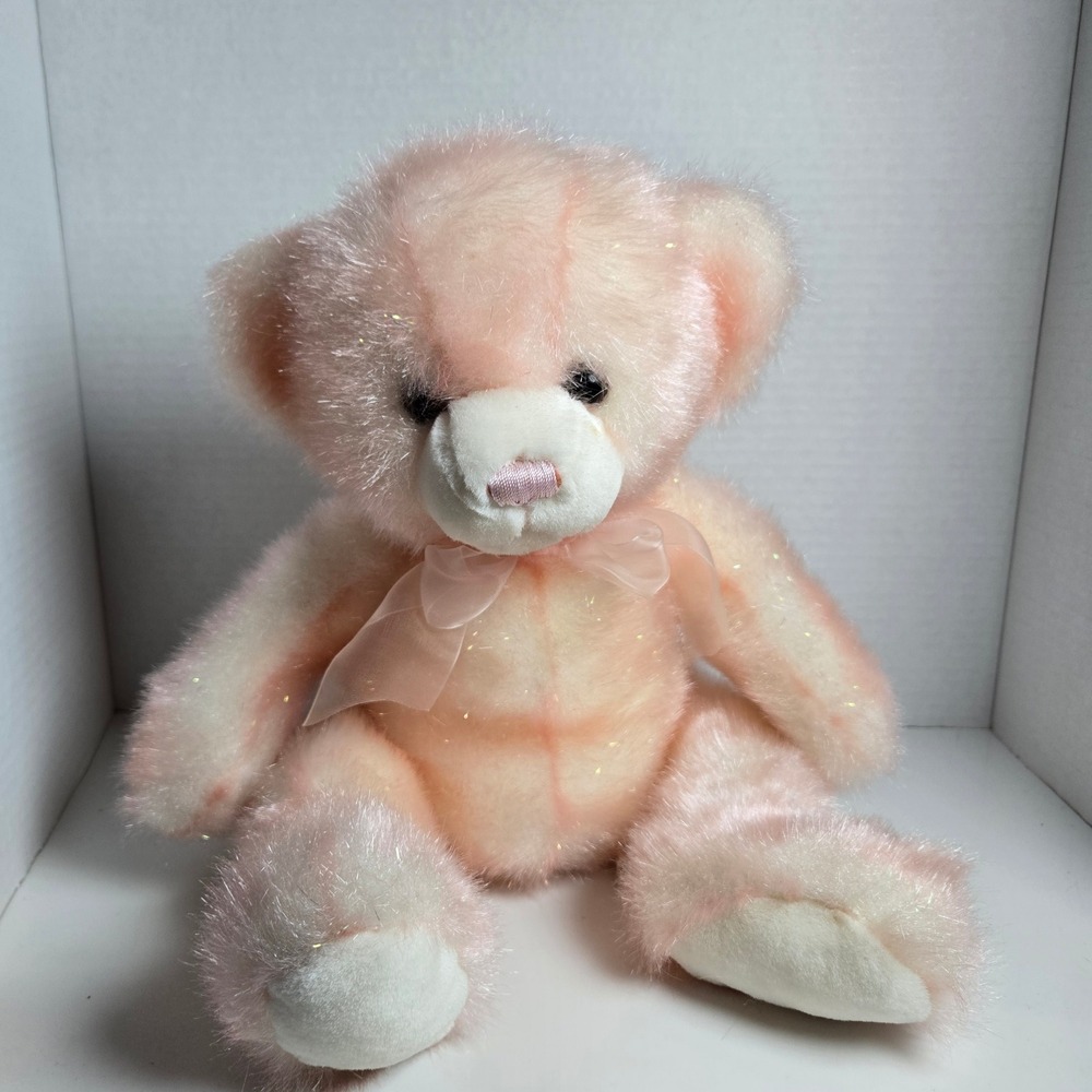 SKM Enterprises Pink Mohair Teddy Bear Vintage Collectible Stuffed Animal Bow